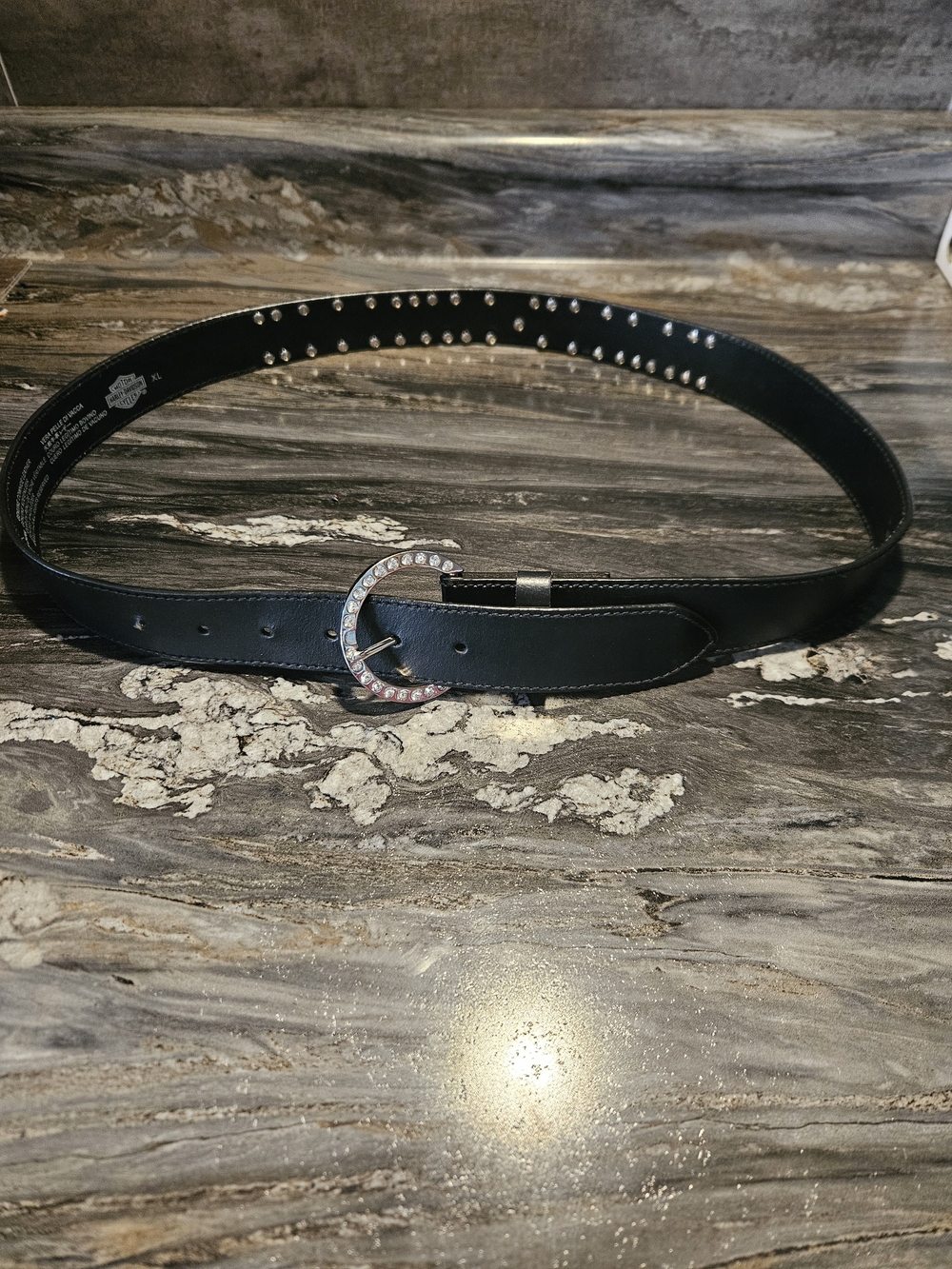 Harley-Davidson Black Leather Belt with Multicolor Crystal Letters - Picture 2 of 7